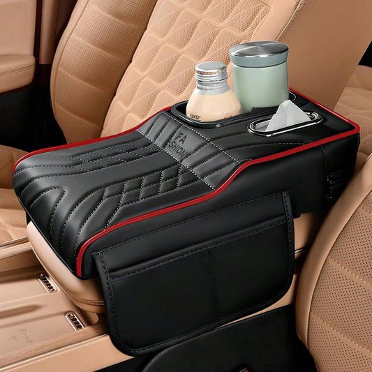 Car Center Console Armrest Pillow, 13.4"*7.5"*2" Leather Auto Arm Rest Cover With Pocket & Tissue Box & Cup Holder, Multifunctional Vehicle Armrest Cushion Pad, Car Accessories (Black+Red)
