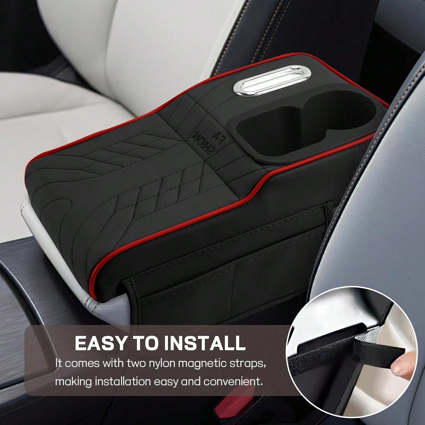 Car Center Console Armrest Pillow, 13.4"*7.5"*2" Leather Auto Arm Rest Cover With Pocket & Tissue Box & Cup Holder, Multifunctional Vehicle Armrest Cushion Pad, Car Accessories (Black+Red)