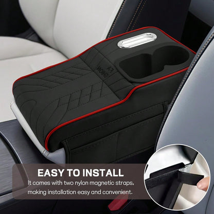 Car Center Console Armrest Pillow, 13.4"*7.5"*2" Leather Auto Arm Rest Cover With Pocket & Tissue Box & Cup Holder, Multifunctional Vehicle Armrest Cushion Pad, Car Accessories (Black+Red)