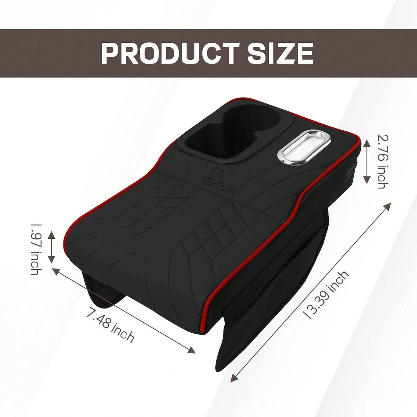 Car Center Console Armrest Pillow, 13.4"*7.5"*2" Leather Auto Arm Rest Cover With Pocket & Tissue Box & Cup Holder, Multifunctional Vehicle Armrest Cushion Pad, Car Accessories (Black+Red)