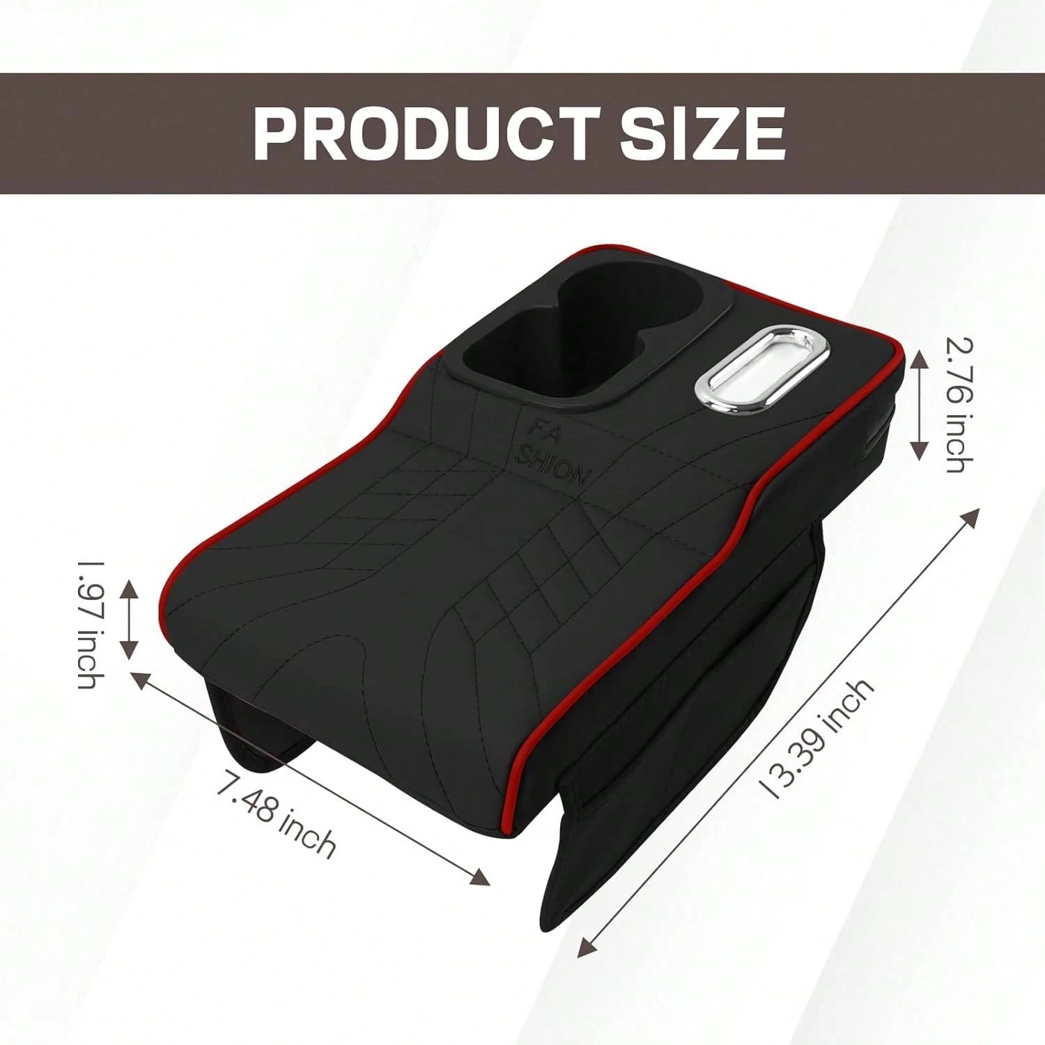 Car Center Console Armrest Pillow, 13.4"*7.5"*2" Leather Auto Arm Rest Cover With Pocket & Tissue Box & Cup Holder, Multifunctional Vehicle Armrest Cushion Pad, Car Accessories (Black+Red)