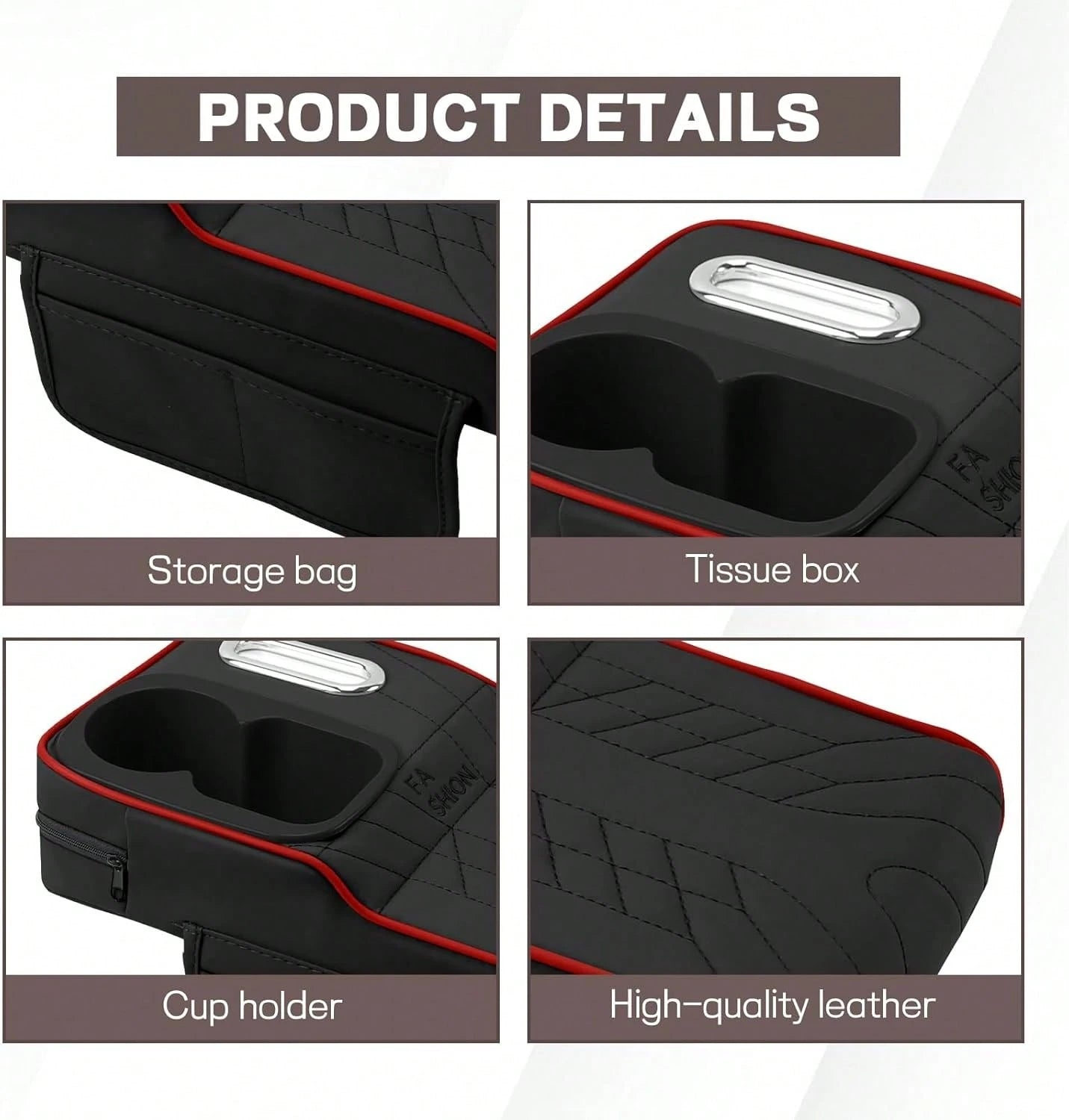 Car Center Console Armrest Pillow, 13.4"*7.5"*2" Leather Auto Arm Rest Cover With Pocket & Tissue Box & Cup Holder, Multifunctional Vehicle Armrest Cushion Pad, Car Accessories (Black+Red)
