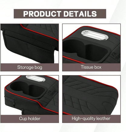 Car Center Console Armrest Pillow, 13.4"*7.5"*2" Leather Auto Arm Rest Cover With Pocket & Tissue Box & Cup Holder, Multifunctional Vehicle Armrest Cushion Pad, Car Accessories (Black+Red)