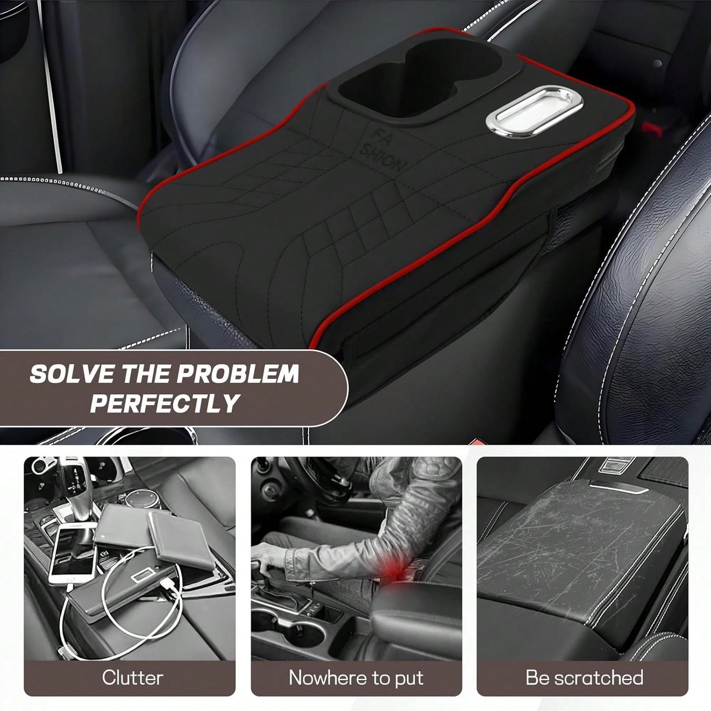 Car Center Console Armrest Pillow, 13.4"*7.5"*2" Leather Auto Arm Rest Cover With Pocket & Tissue Box & Cup Holder, Multifunctional Vehicle Armrest Cushion Pad, Car Accessories (Black+Red)