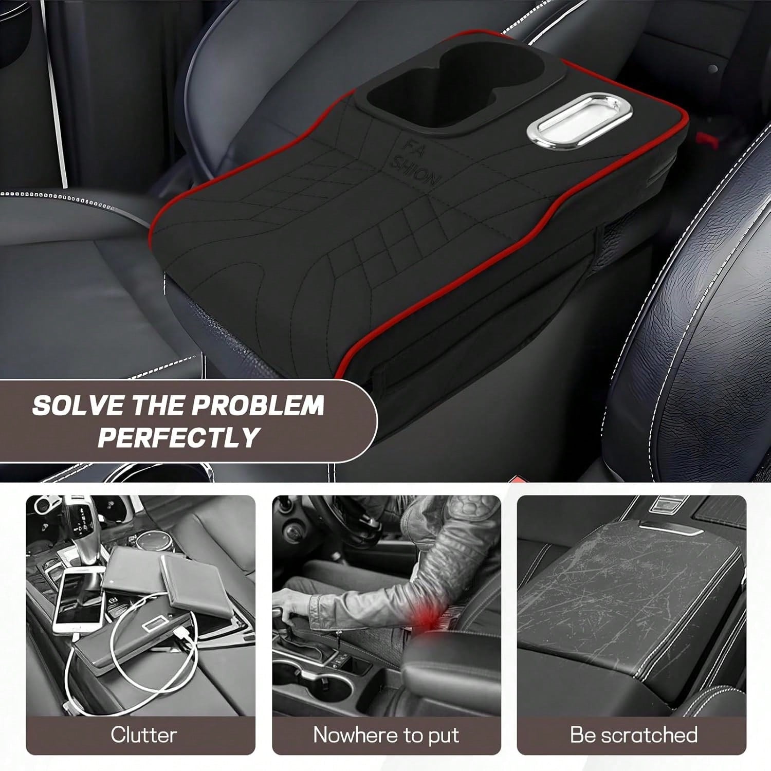 Car Center Console Armrest Pillow, 13.4"*7.5"*2" Leather Auto Arm Rest Cover With Pocket & Tissue Box & Cup Holder, Multifunctional Vehicle Armrest Cushion Pad, Car Accessories (Black+Red)