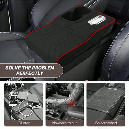 Car Center Console Armrest Pillow, 13.4"*7.5"*2" Leather Auto Arm Rest Cover With Pocket & Tissue Box & Cup Holder, Multifunctional Vehicle Armrest Cushion Pad, Car Accessories (Black+Red)