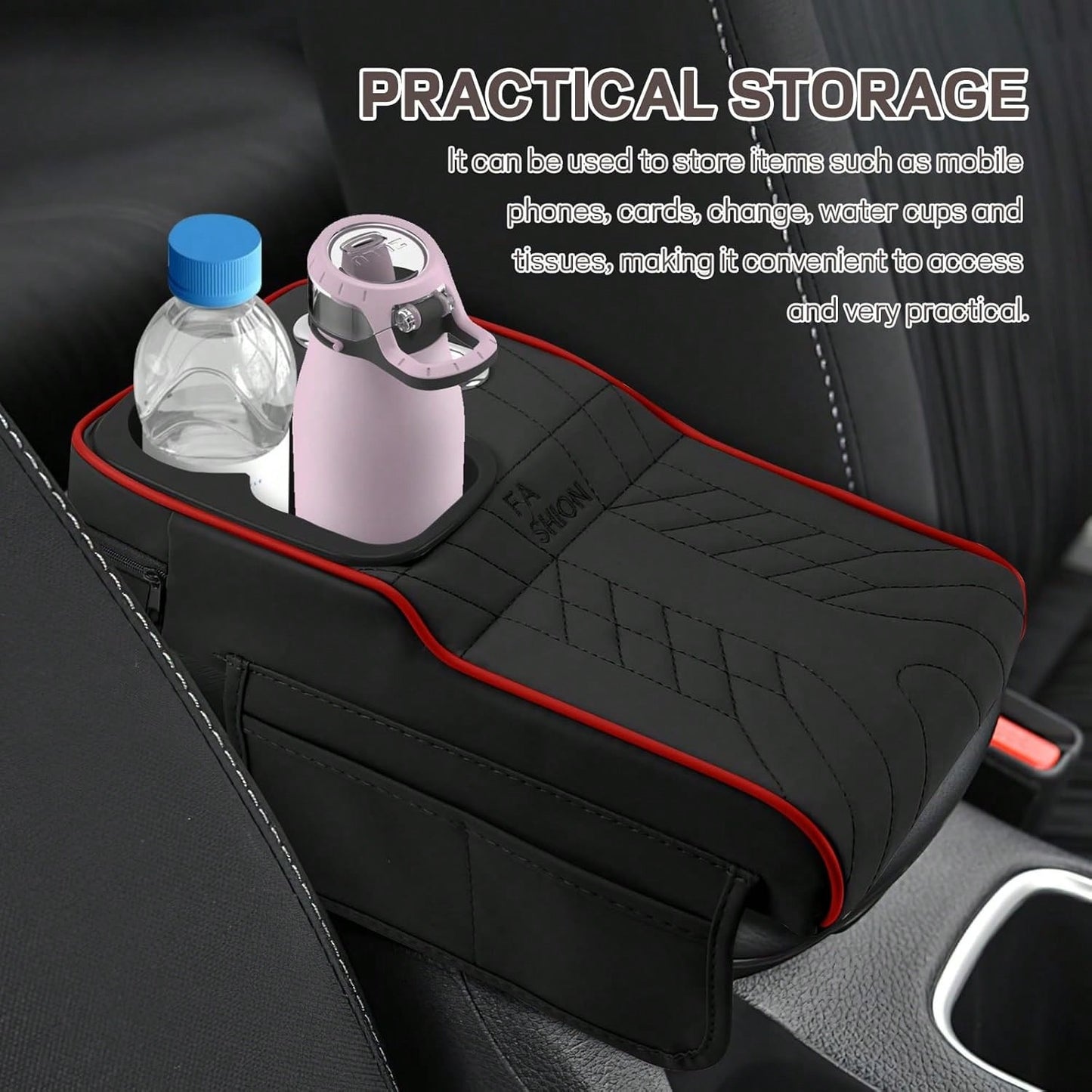 Car Center Console Armrest Pillow, 13.4"*7.5"*2" Leather Auto Arm Rest Cover With Pocket & Tissue Box & Cup Holder, Multifunctional Vehicle Armrest Cushion Pad, Car Accessories (Black+Red)