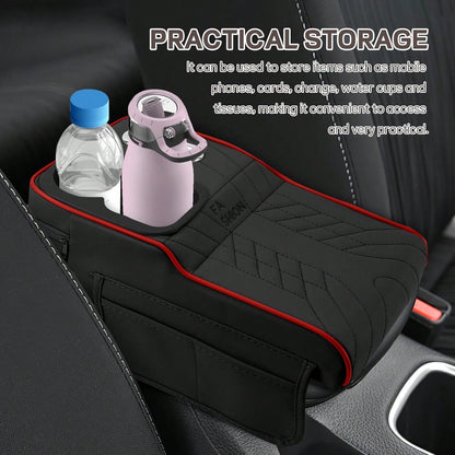 Car Center Console Armrest Pillow, 13.4"*7.5"*2" Leather Auto Arm Rest Cover With Pocket & Tissue Box & Cup Holder, Multifunctional Vehicle Armrest Cushion Pad, Car Accessories (Black+Red)