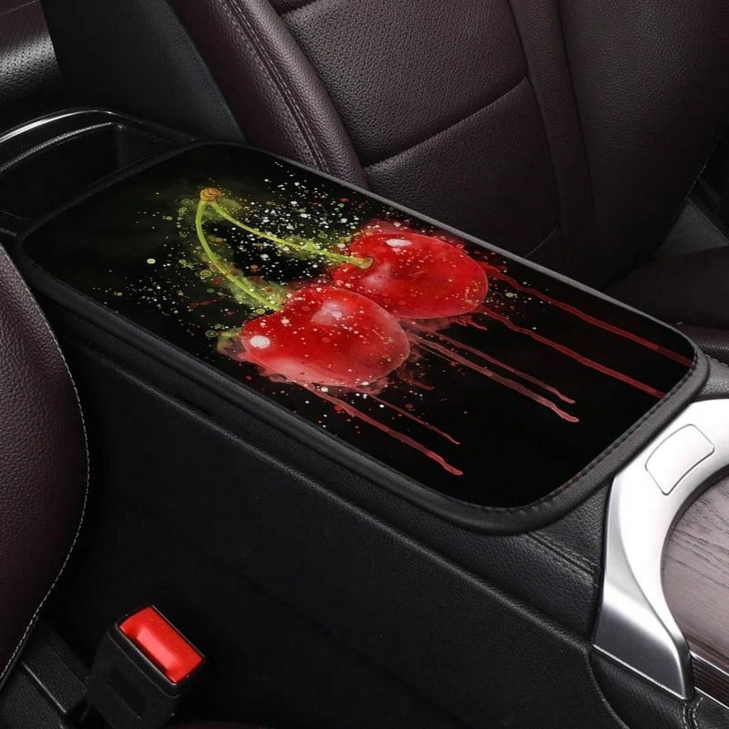 Car Center Console Mat Cherry Art Design Soft Padding Waterproof Non-Slip Easy To Clean Universally Fits SUVs/Sedans/Trucks/ Suitable For Daily Commuting And Long Trips Interior Accessory For Men And