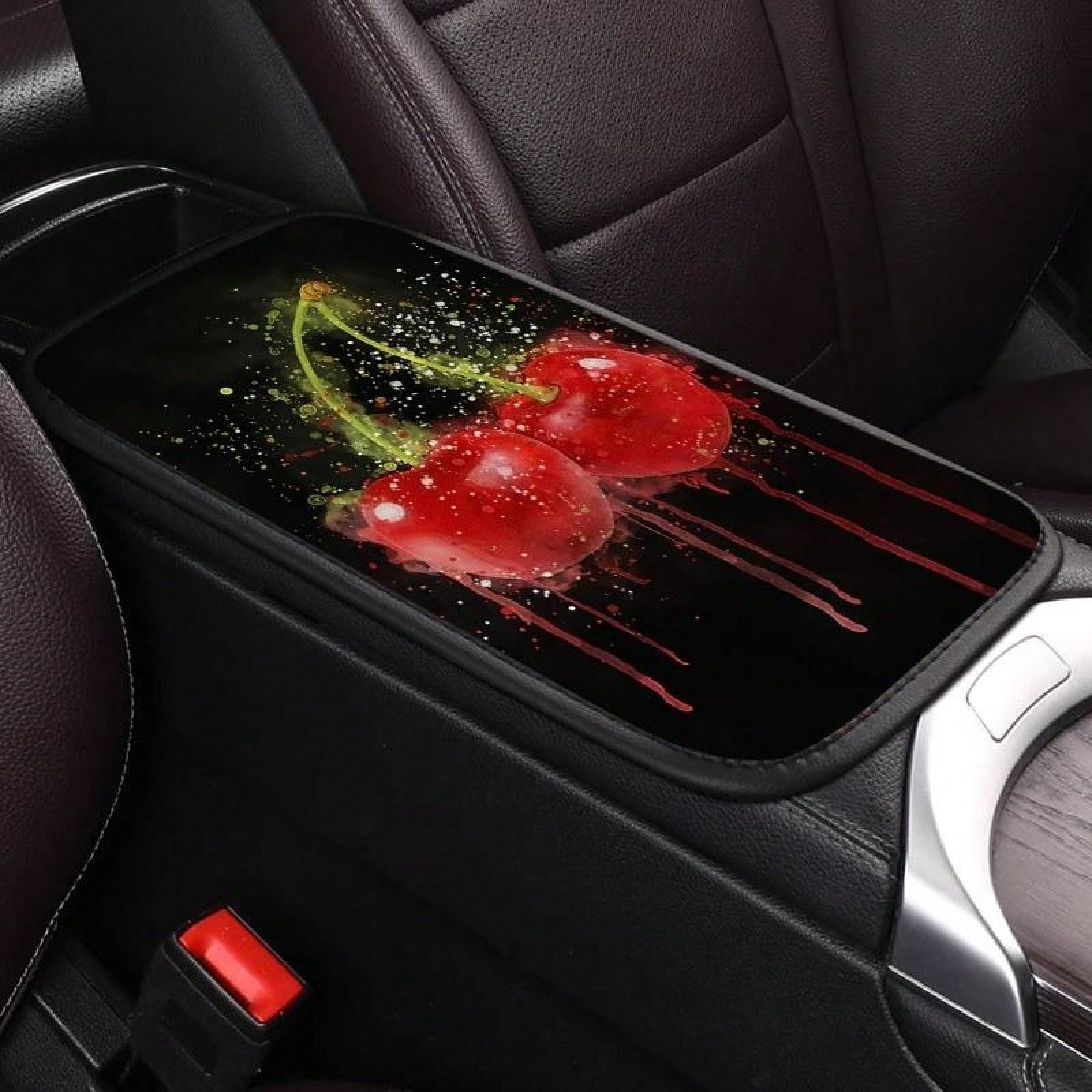 Car Center Console Mat Cherry Art Design Soft Padding Waterproof Non-Slip Easy To Clean Universally Fits SUVs/Sedans/Trucks/ Suitable For Daily Commuting And Long Trips Interior Accessory For Men And