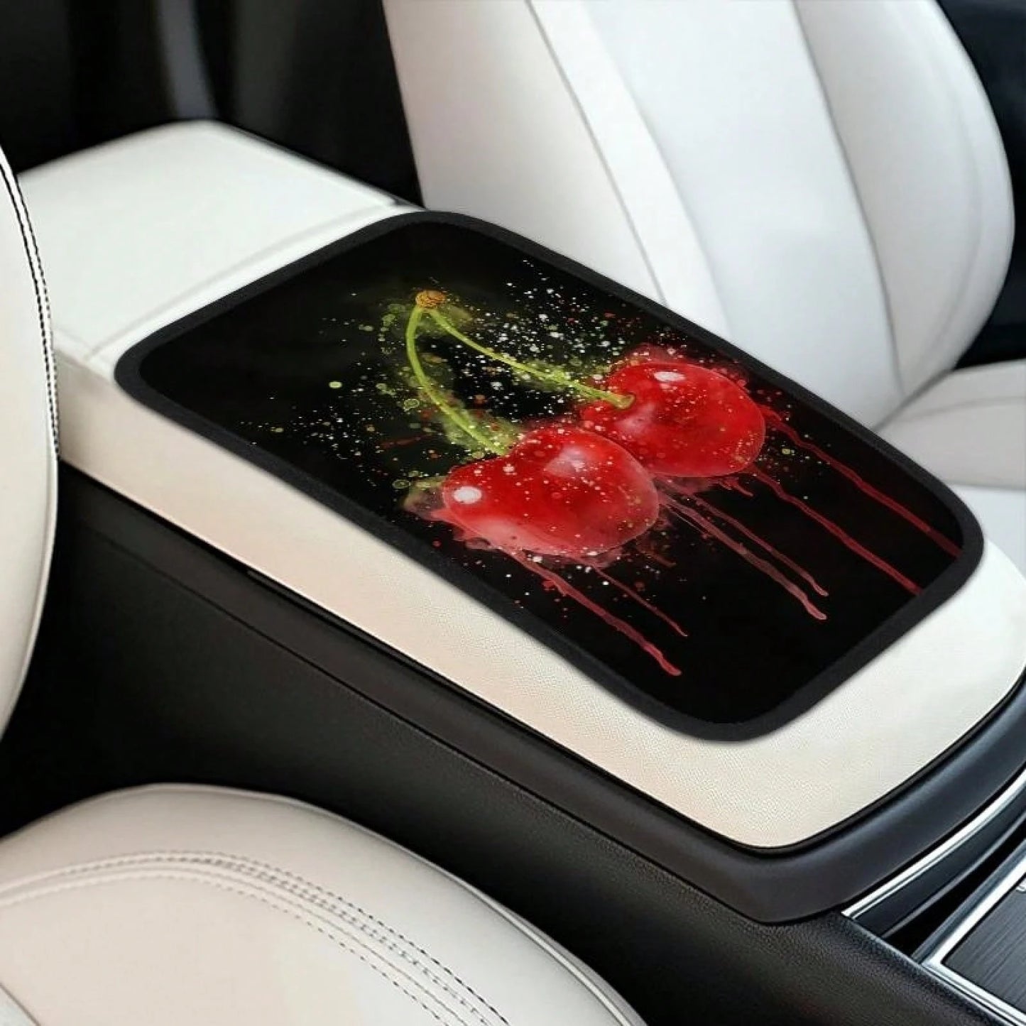 Car Center Console Mat Cherry Art Design Soft Padding Waterproof Non-Slip Easy To Clean Universally Fits SUVs/Sedans/Trucks/ Suitable For Daily Commuting And Long Trips Interior Accessory For Men And