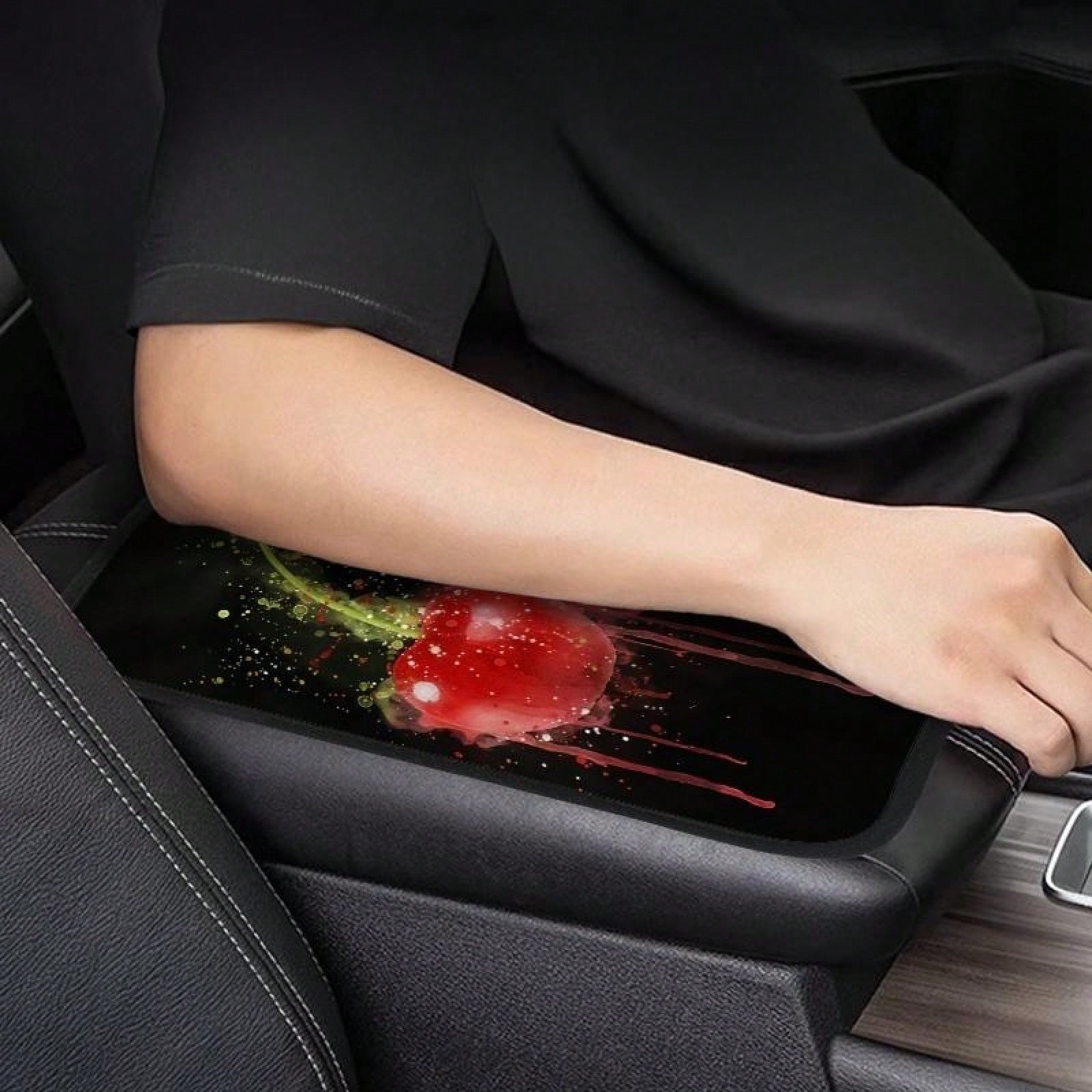 Car Center Console Mat Cherry Art Design Soft Padding Waterproof Non-Slip Easy To Clean Universally Fits SUVs/Sedans/Trucks/ Suitable For Daily Commuting And Long Trips Interior Accessory For Men And