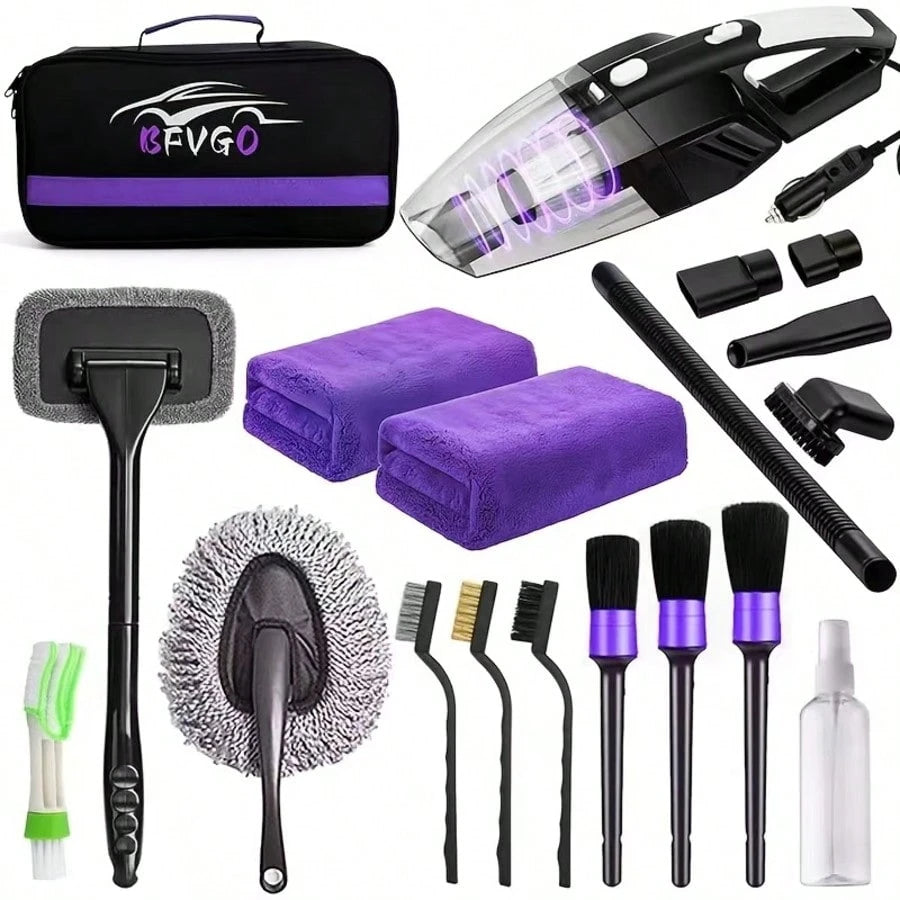 Car Cleaning Wash Kit 19pcs/Set Interior Detailing Cleaner Kit With High Power Handheld Vacuum,Windshield Tool,, Brush Set, Duster, Towels, Complete Car Care Tool