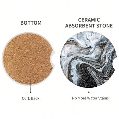 Car Coasters For Drinks Absorbent, 2 Pack Cup Holders, 2.56\ Ceramic Stone & Non-Scratch Cork Base Coasters Cupholder, Auto Accessories