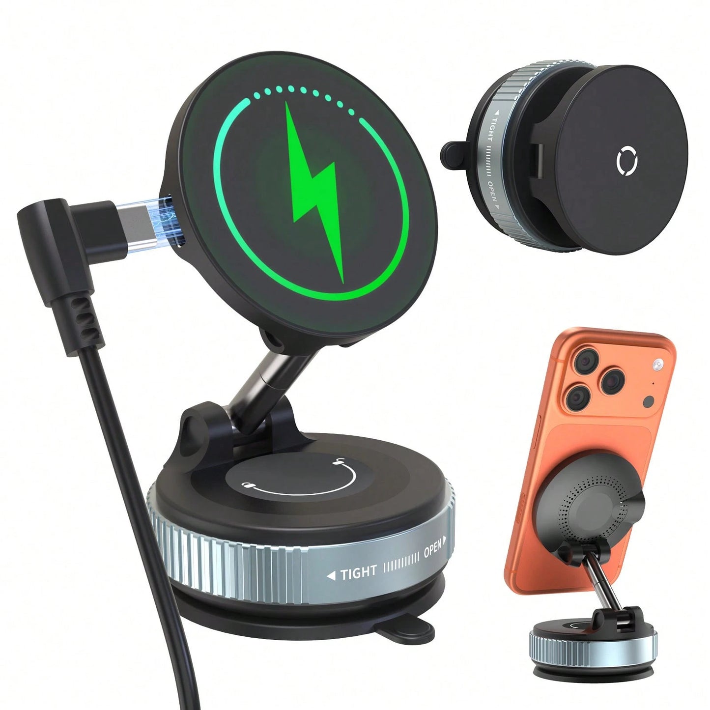 Car Phone Holder, Magnetic Wireless Car Charger Mount, 15W Fast Charging N52 Strong Magnet Foldable 1080° Rotating MagSafe Phone Holder With Vacuum Suction Cup, Suitable For Dashboard And Windshield