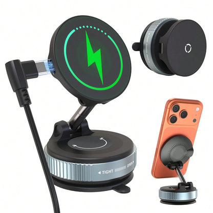 Car Phone Holder, Magnetic Wireless Car Charger Mount, 15W Fast Charging N52 Strong Magnet Foldable 1080° Rotating MagSafe Phone Holder With Vacuum Suction Cup, Suitable For Dashboard And Windshield