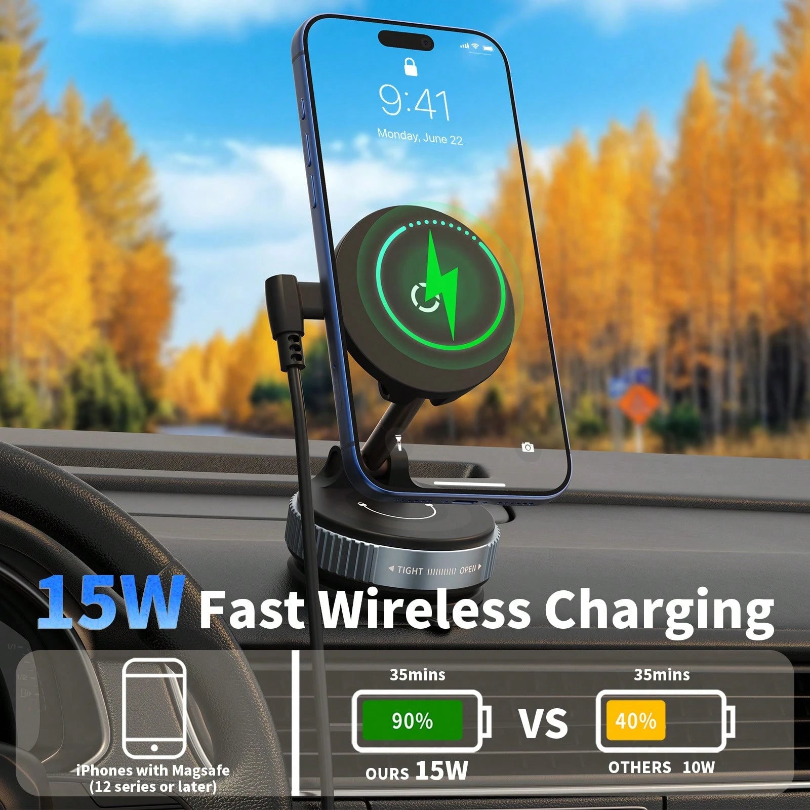 Car Phone Holder, Magnetic Wireless Car Charger Mount, 15W Fast Charging N52 Strong Magnet Foldable 1080° Rotating MagSafe Phone Holder With Vacuum Suction Cup, Suitable For Dashboard And Windshield