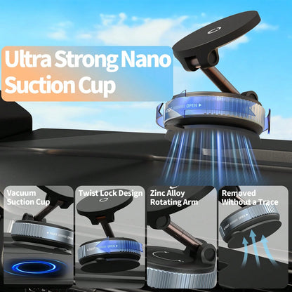 Car Phone Holder, Magnetic Wireless Car Charger Mount, 15W Fast Charging N52 Strong Magnet Foldable 1080° Rotating MagSafe Phone Holder With Vacuum Suction Cup, Suitable For Dashboard And Windshield