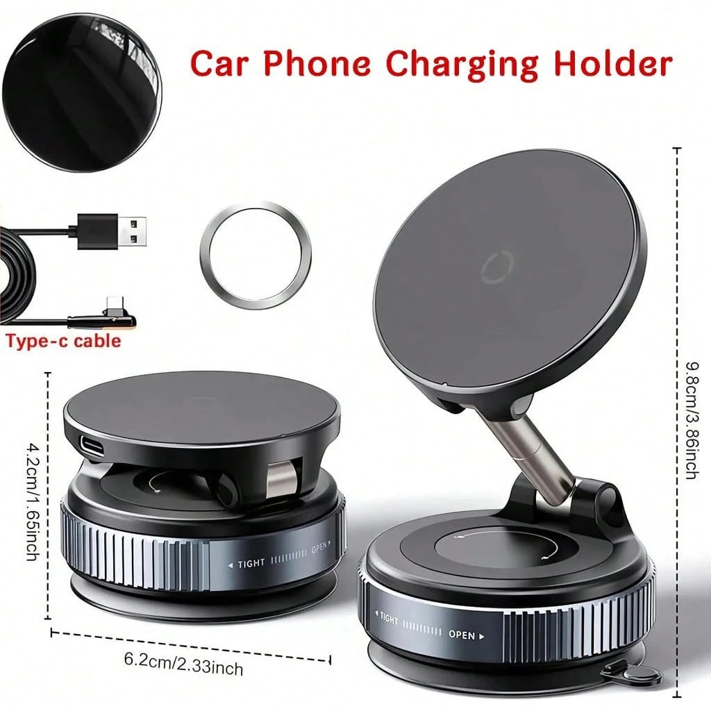 Car Phone Holder, Magnetic Wireless Car Charger Mount, 15W Fast Charging N52 Strong Magnet Foldable 1080° Rotating MagSafe Phone Holder With Vacuum Suction Cup, Suitable For Dashboard And Windshield