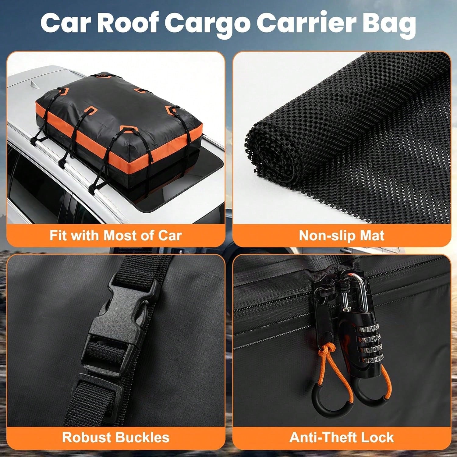Car Rooftop Cargo Bag, 20 Cubic Feet Waterproof PVC Roof Bag With Topper, Anti-Slip Mat, Lock, Straps And Door Hooks, Fits Cars With Or Without Roof Racks