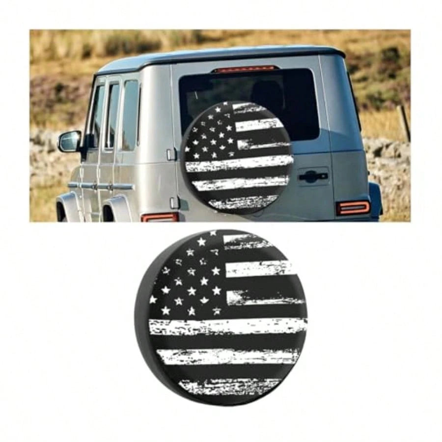 Car Spare Tire Cover, PVC American US Flag Waterproof Dust Proof Vehicle Wheel Cap, Patriotic Auto Exterior Tyre Protection Accessories, Universal For SUV Camper Truck White/14 Inches