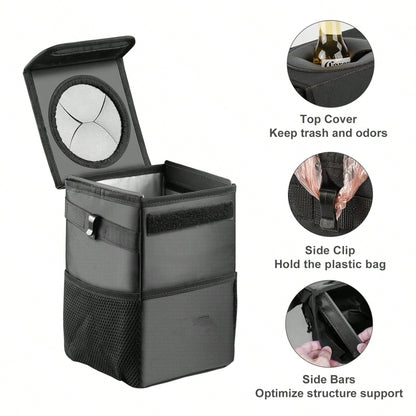 Car Trash Can With Lid,Leakproof Trash Bin Car Garbage Can, Collapsible Automotive Truck Organizer And Storage Bag Car Accessories For Women Men Road Trip Essentials,Car Storage