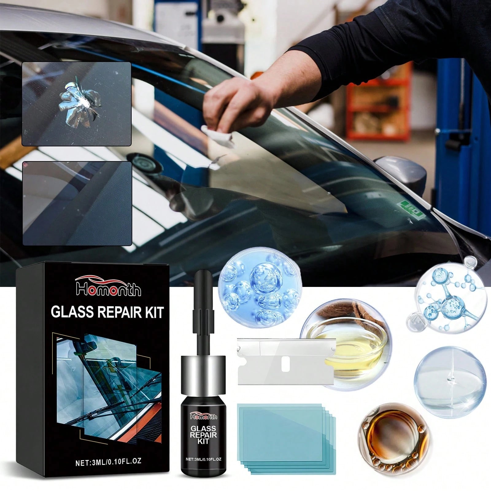 Car Windshield Cracked Repair Drops Diy Auto Window Glass Windscreen Chips Scratch Crack Nano Restoration Protective Agent Kit Prevent Damage Expanded Improve Visibility Glass Cleaner Care Tools