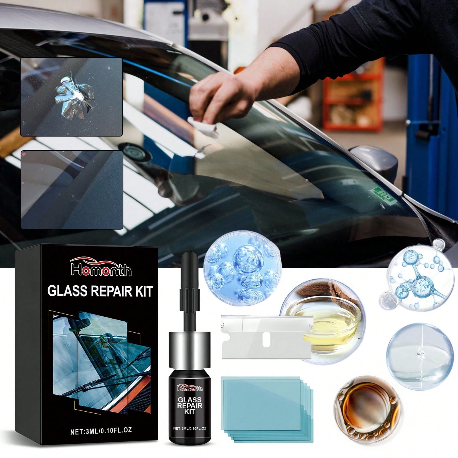 Car Windshield Cracked Repair Drops Diy Auto Window Glass Windscreen Chips Scratch Crack Nano Restoration Protective Agent Kit Prevent Damage Expanded Improve Visibility Glass Cleaner Care Tools