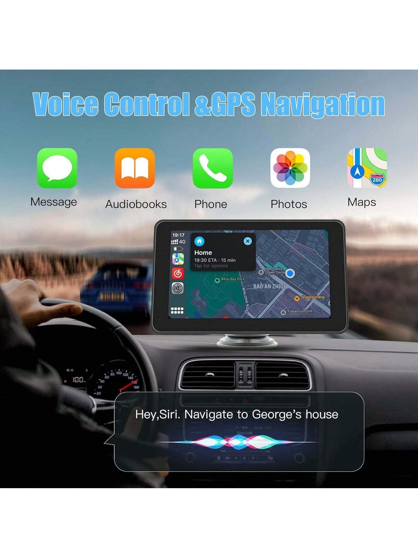 [Carabc] Wireless Portable Carplay & Android Auto 7" Touchscreen Screen For Car With Rear View Camera/ Mirror Link/ GPS/ AUX/ FM/ Bluetooth 5.0, Potable Car Stereo