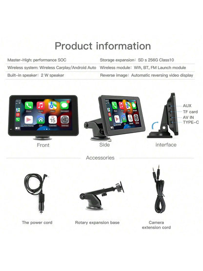 [Carabc] Wireless Portable Carplay & Android Auto 7" Touchscreen Screen For Car With Rear View Camera/ Mirror Link/ GPS/ AUX/ FM/ Bluetooth 5.0, Potable Car Stereo