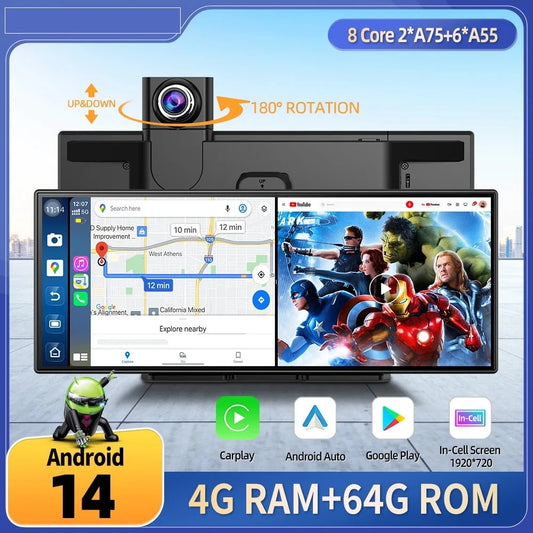 Carplay Screen For Car,Wireless Apple Carplay & Android Auto Touchscreen With Backup Camera, Car Play Screen IOS 26 Compatible, GPS Navigation/Mirror Link/Siri/FM (No Front Camera)