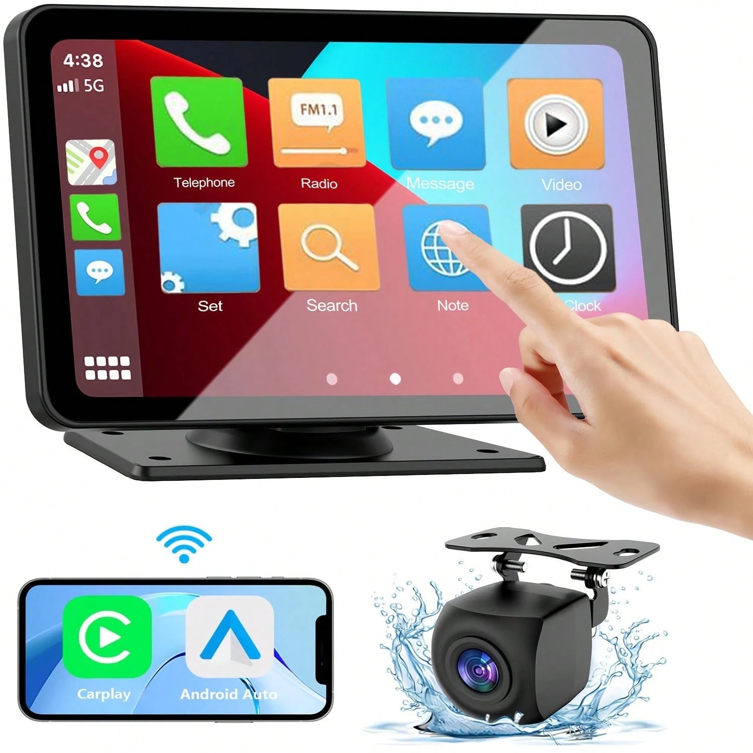Carplay Screen For Car, 7" HD Portable Car Stereo Touch Screen With Wireless Android Auto, Backup Camera, Car Audio Receivers With Voice Control, Mirror Link, BT, GPS Navigation
