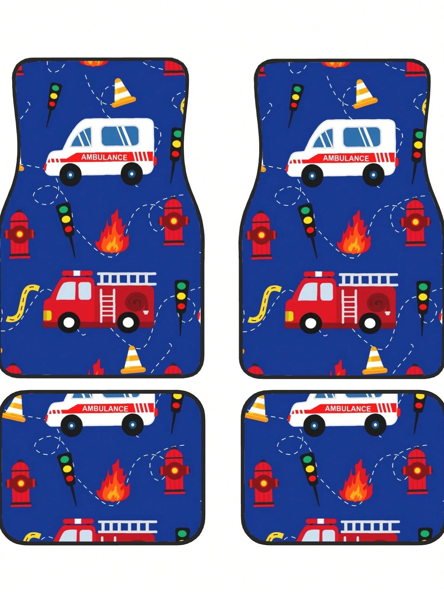 Cartoon Ambulance And Fire Truck 4-Piece Custom Printed All-Weather Floor Mats- Universal Fit For Suv, Truck, Van| Easy Clean