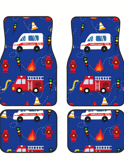 Cartoon Ambulance And Fire Truck 4-Piece Custom Printed All-Weather Floor Mats- Universal Fit For Suv, Truck, Van| Easy Clean