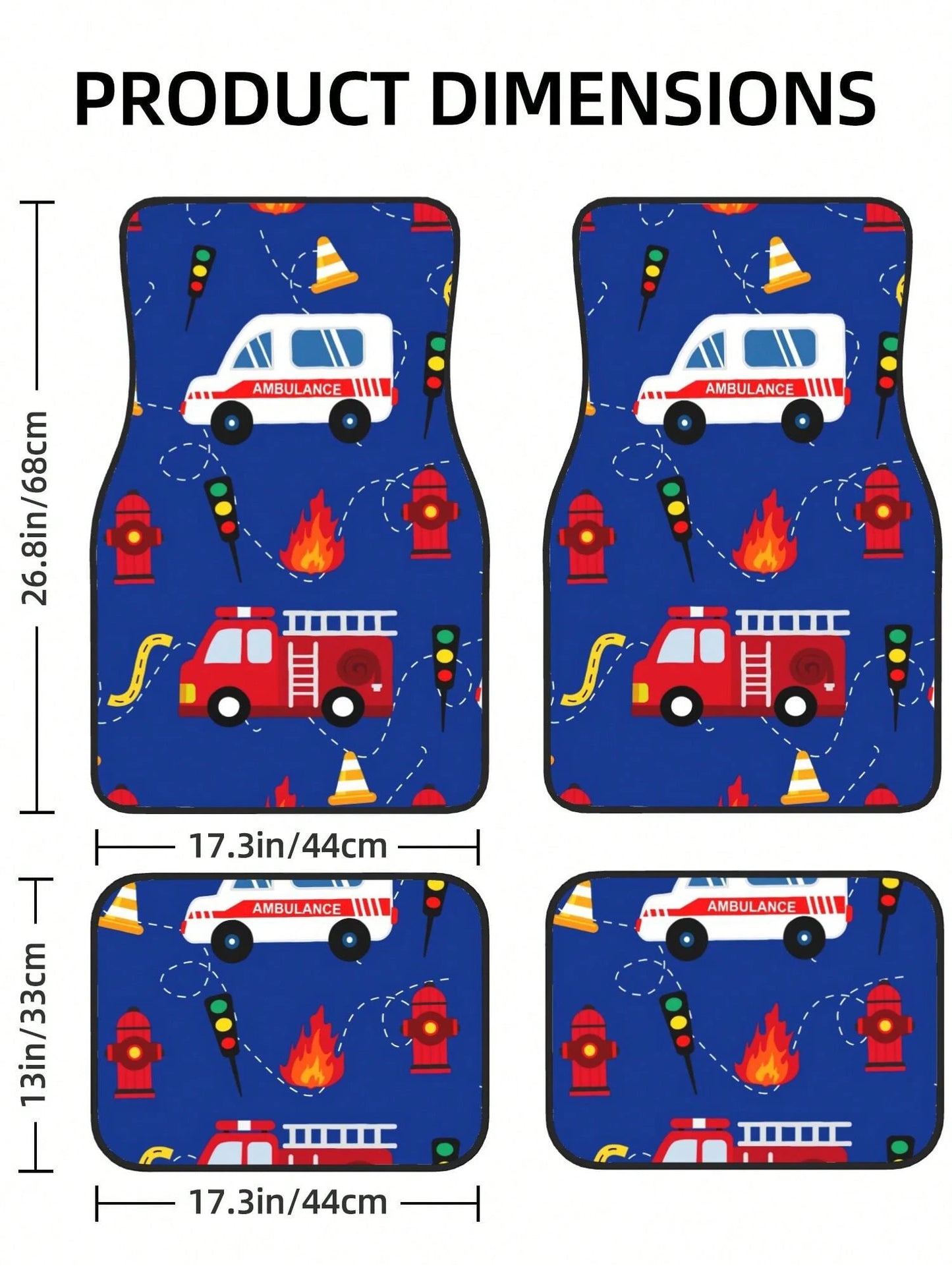 Cartoon Ambulance And Fire Truck 4-Piece Custom Printed All-Weather Floor Mats- Universal Fit For Suv, Truck, Van| Easy Clean