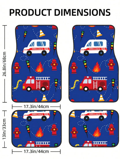 Cartoon Ambulance And Fire Truck 4-Piece Custom Printed All-Weather Floor Mats- Universal Fit For Suv, Truck, Van| Easy Clean