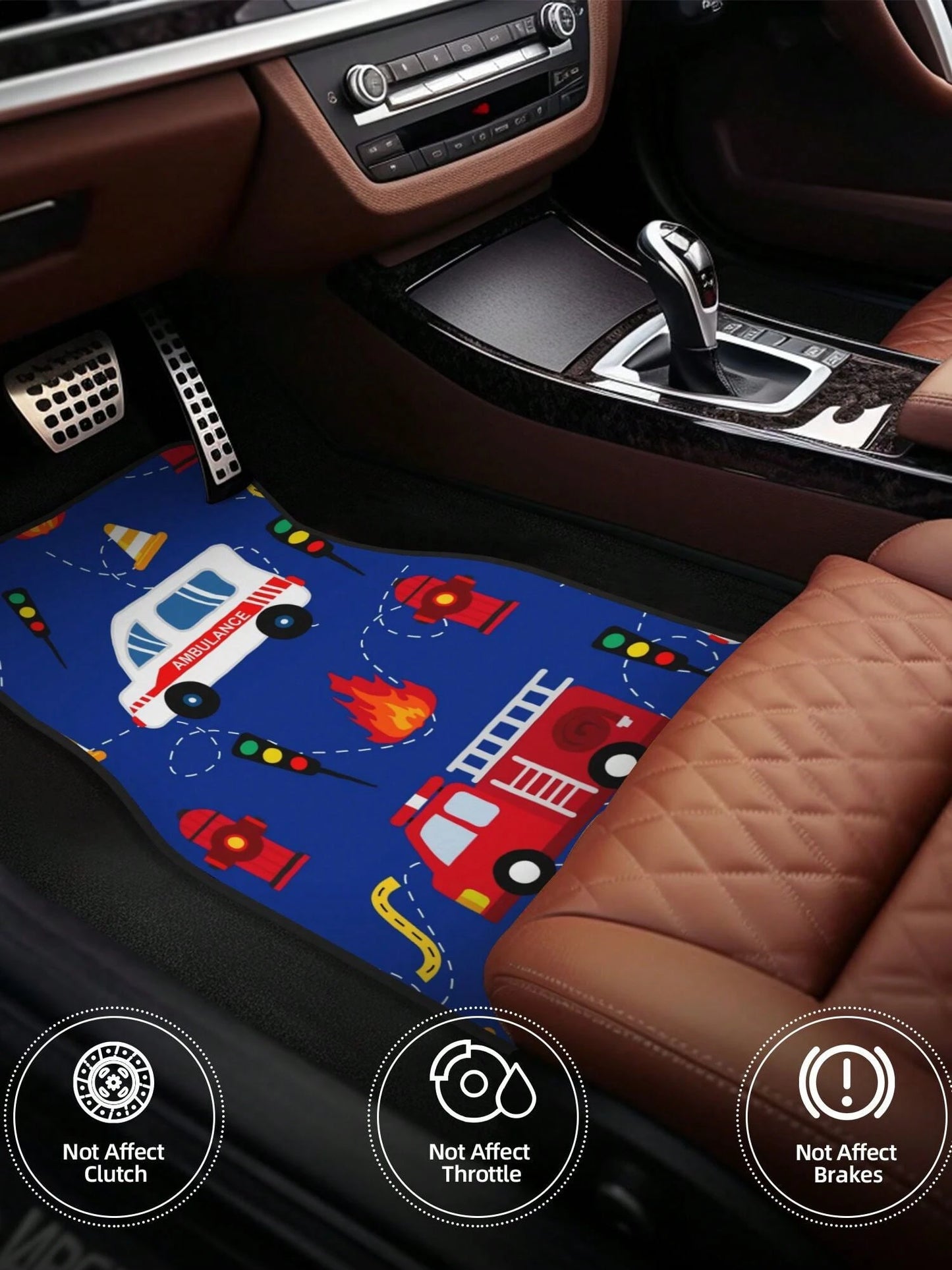Cartoon Ambulance And Fire Truck 4-Piece Custom Printed All-Weather Floor Mats- Universal Fit For Suv, Truck, Van| Easy Clean