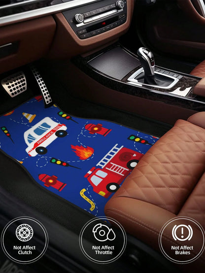 Cartoon Ambulance And Fire Truck 4-Piece Custom Printed All-Weather Floor Mats- Universal Fit For Suv, Truck, Van| Easy Clean