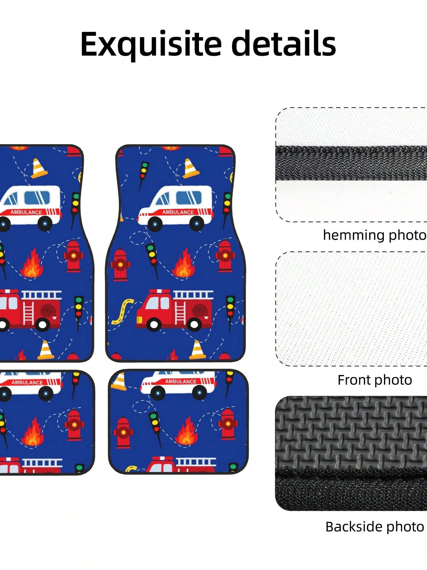 Cartoon Ambulance And Fire Truck 4-Piece Custom Printed All-Weather Floor Mats- Universal Fit For Suv, Truck, Van| Easy Clean