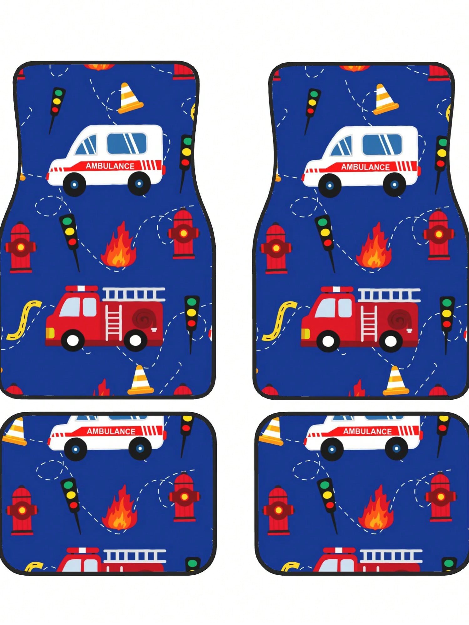 Cartoon Ambulance And Fire Truck 4-Piece Custom Printed All-Weather Floor Mats- Universal Fit For Suv, Truck, Van| Easy Clean