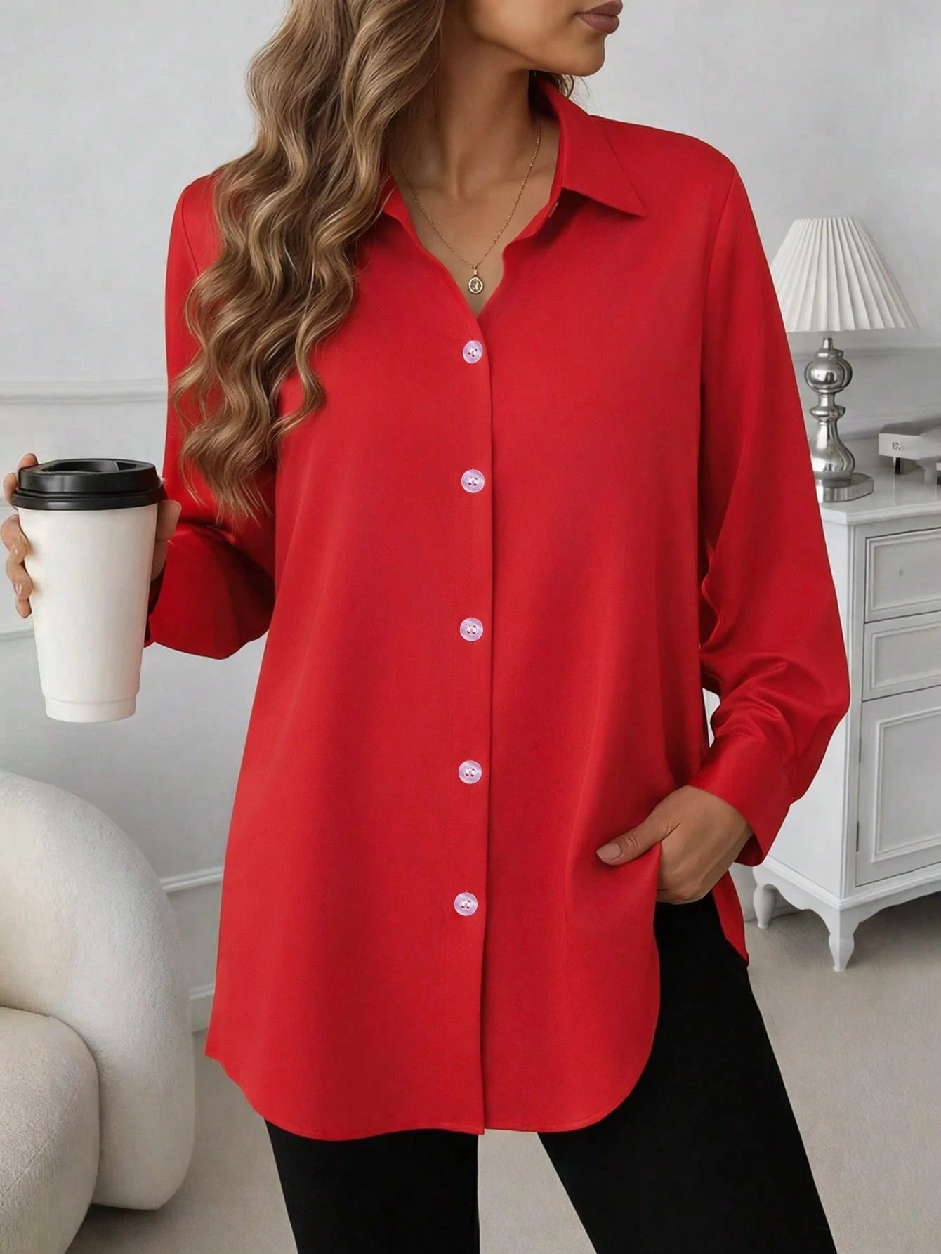Casual Comfortable Mid-Length Button-Up Shirt, New Arrival, Suitable For All Seasons White Spring