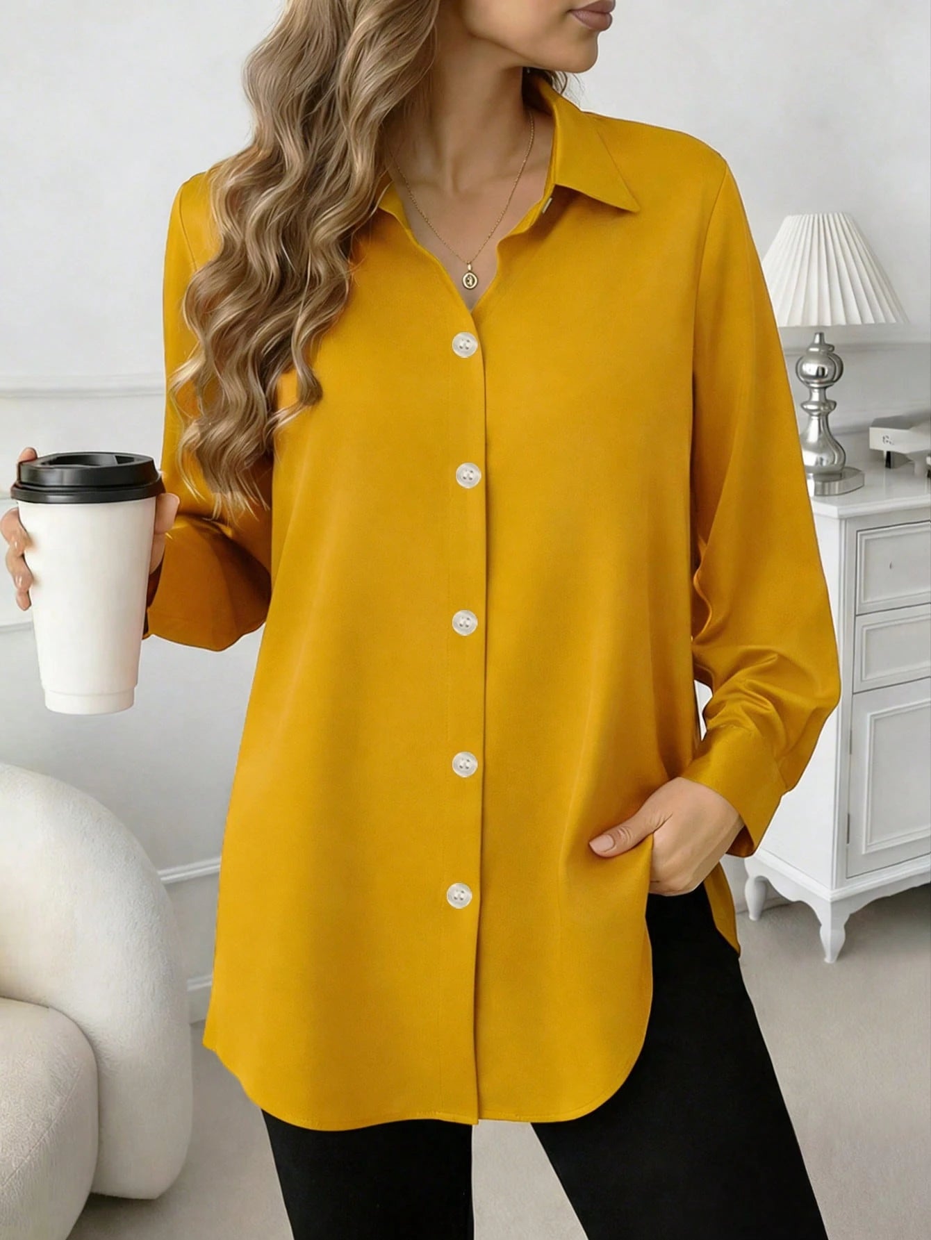 Casual Comfortable Mid-Length Button-Up Shirt, New Arrival, Suitable For All Seasons White Spring