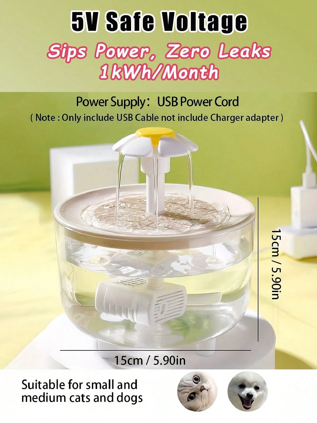 Cat Water Fountain, 1500ml USB Powered Cat Dog Water Dispenser, Automatic Circulation Pet Water Feeder With Filter (Charging Adapter Not Included) Cat Fountain With Water Level Window Easy To Clean Wa