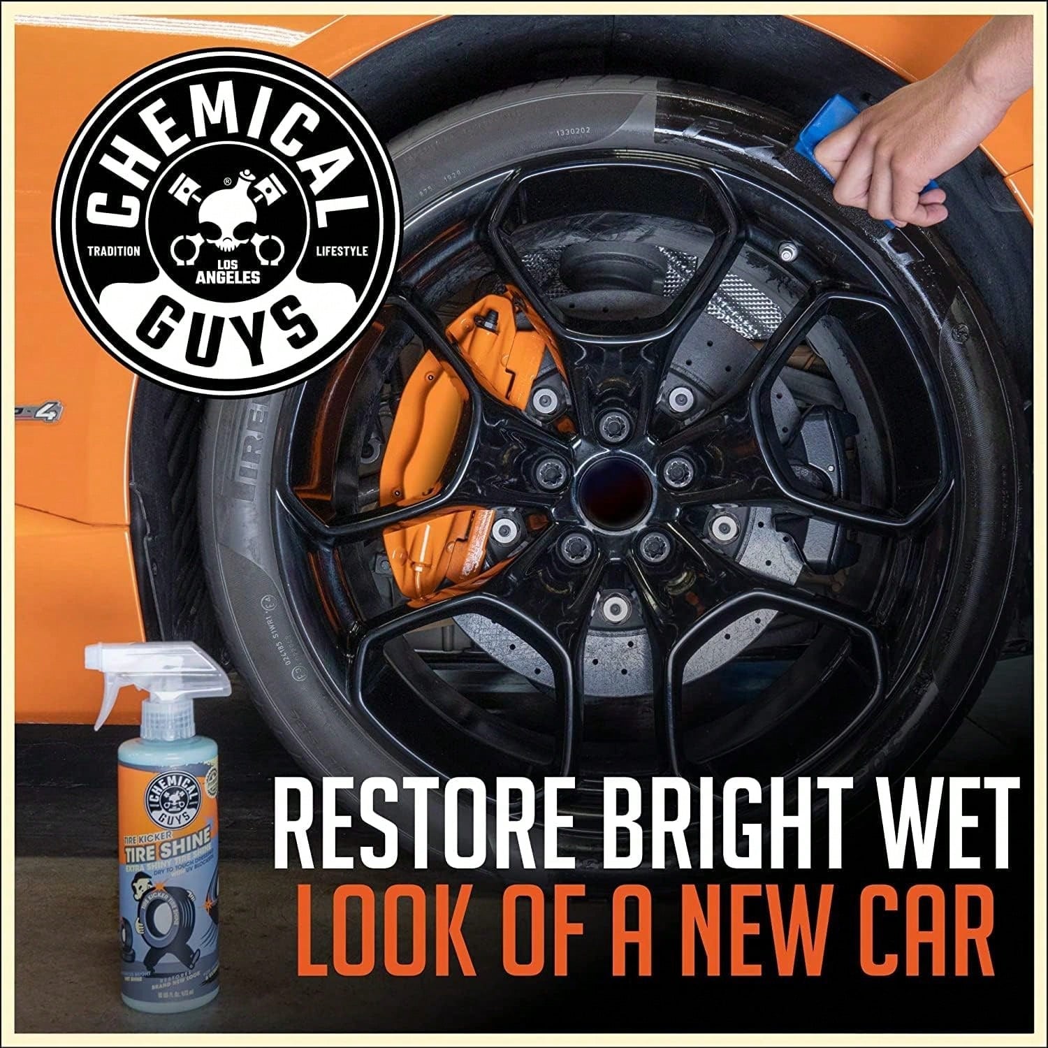 Chemical Guys Tire Kicker Sprayable Extra Glossy Tire Shine Spray, Dry-To-Touch Dressing- Restores Wet Look To Rubber, Vinyl, And Plastic, For Cars, Trucks, Motorcycles, RVs, And More- 16 Oz