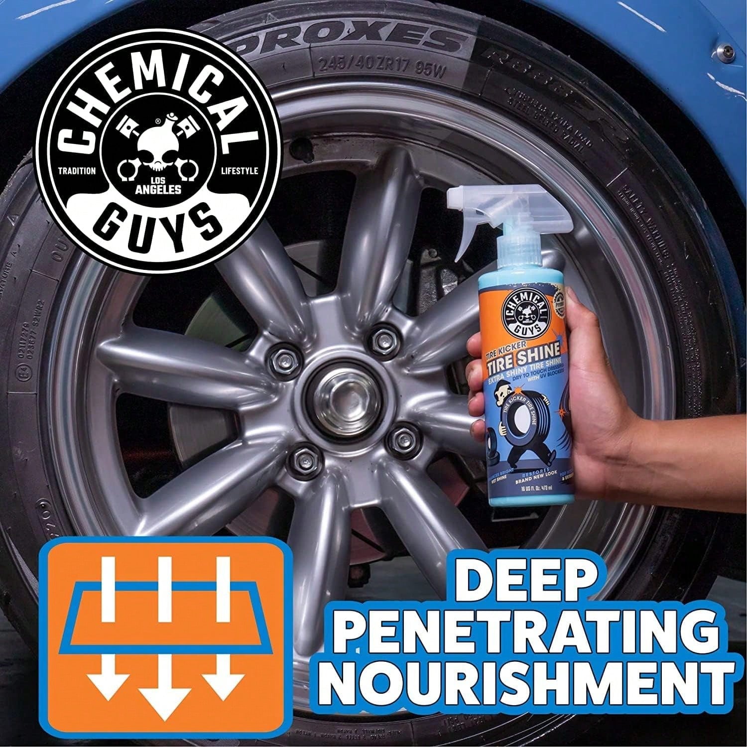 Chemical Guys Tire Kicker Sprayable Extra Glossy Tire Shine Spray, Dry-To-Touch Dressing- Restores Wet Look To Rubber, Vinyl, And Plastic, For Cars, Trucks, Motorcycles, RVs, And More- 16 Oz