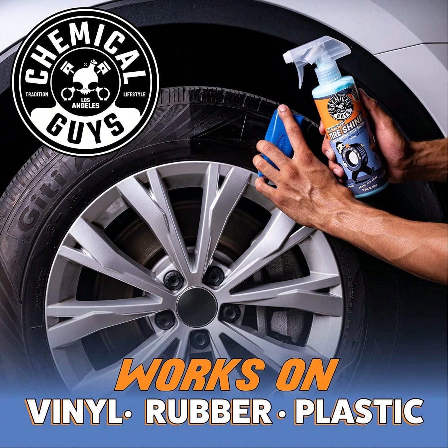 Chemical Guys Tire Kicker Sprayable Extra Glossy Tire Shine Spray, Dry-To-Touch Dressing- Restores Wet Look To Rubber, Vinyl, And Plastic, For Cars, Trucks, Motorcycles, RVs, And More- 16 Oz