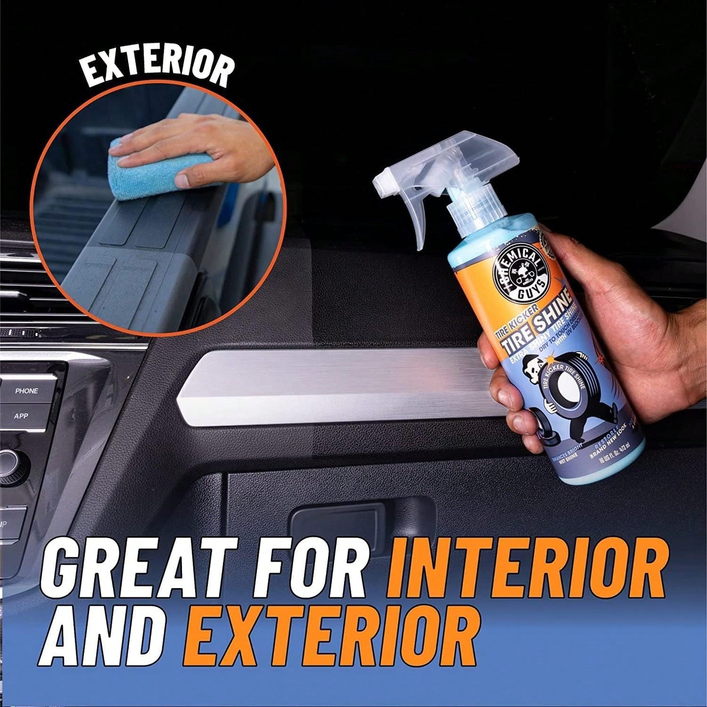 Chemical Guys Tire Kicker Sprayable Extra Glossy Tire Shine Spray, Dry-To-Touch Dressing- Restores Wet Look To Rubber, Vinyl, And Plastic, For Cars, Trucks, Motorcycles, RVs, And More- 16 Oz