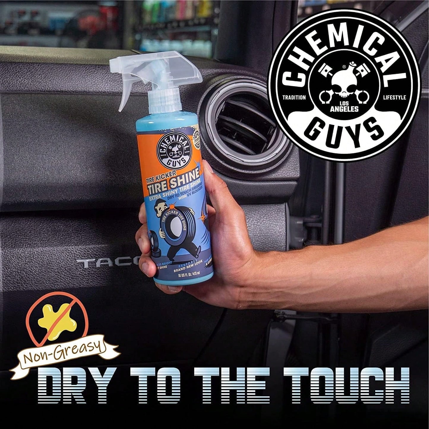 Chemical Guys Tire Kicker Sprayable Extra Glossy Tire Shine Spray, Dry-To-Touch Dressing- Restores Wet Look To Rubber, Vinyl, And Plastic, For Cars, Trucks, Motorcycles, RVs, And More- 16 Oz