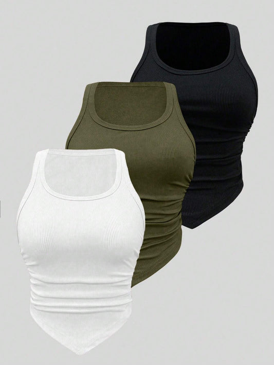ChicEase Multi-Color Set Of Ribbed Tank Top With Chevron Stitching At Hemline And Ruched