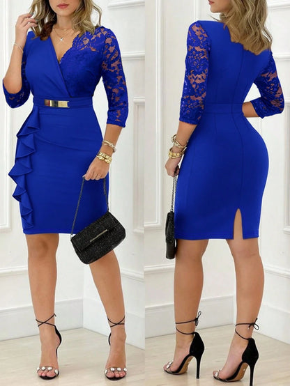 ChicMe Women's V-Neck 3/4 Sleeve Lace Patchwork Ruffle Hem Fitted Zipper Back Belted Elegant Evening Gown Spring